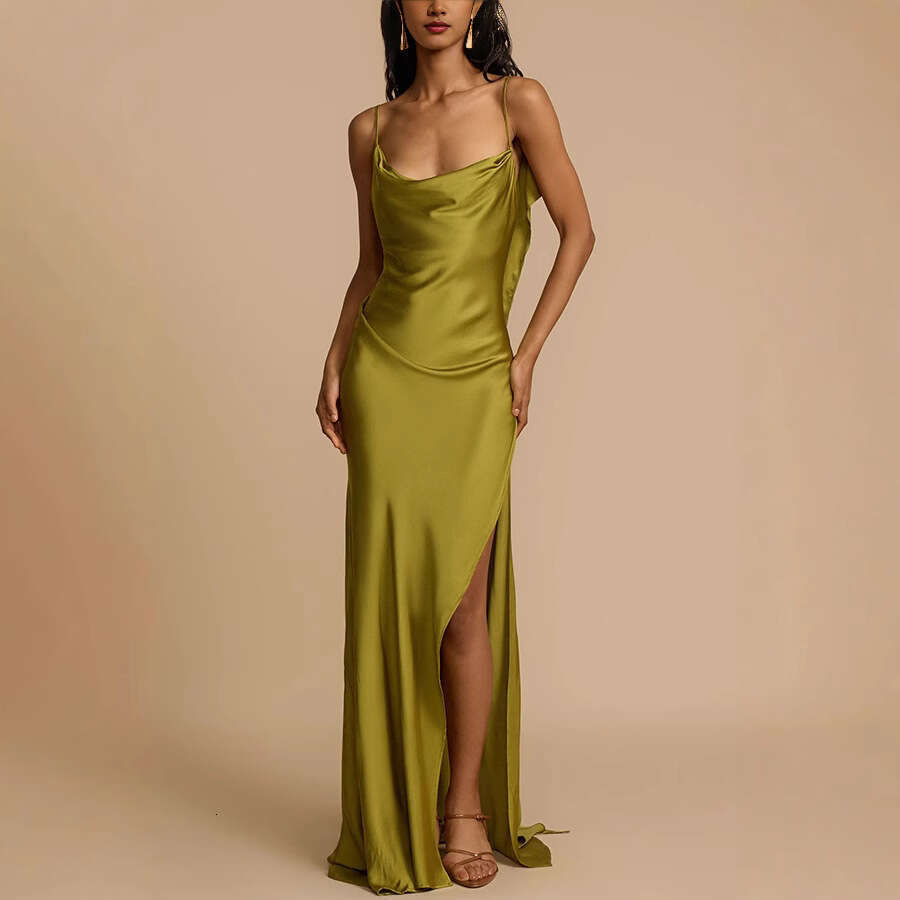 Designer Dresses for Women Satin Long Floor Length Dresses with Slit Backless Dresses Women 2026 Semi-Formal Dresses