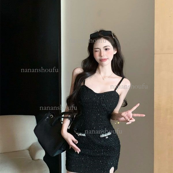 2026 Designer Set Luxury Brand Coarse Tweed Black Coat Trendy Spicy Girl Suspender Dress Short Skirt Small Two-piece Set Shopping Date Essential Women