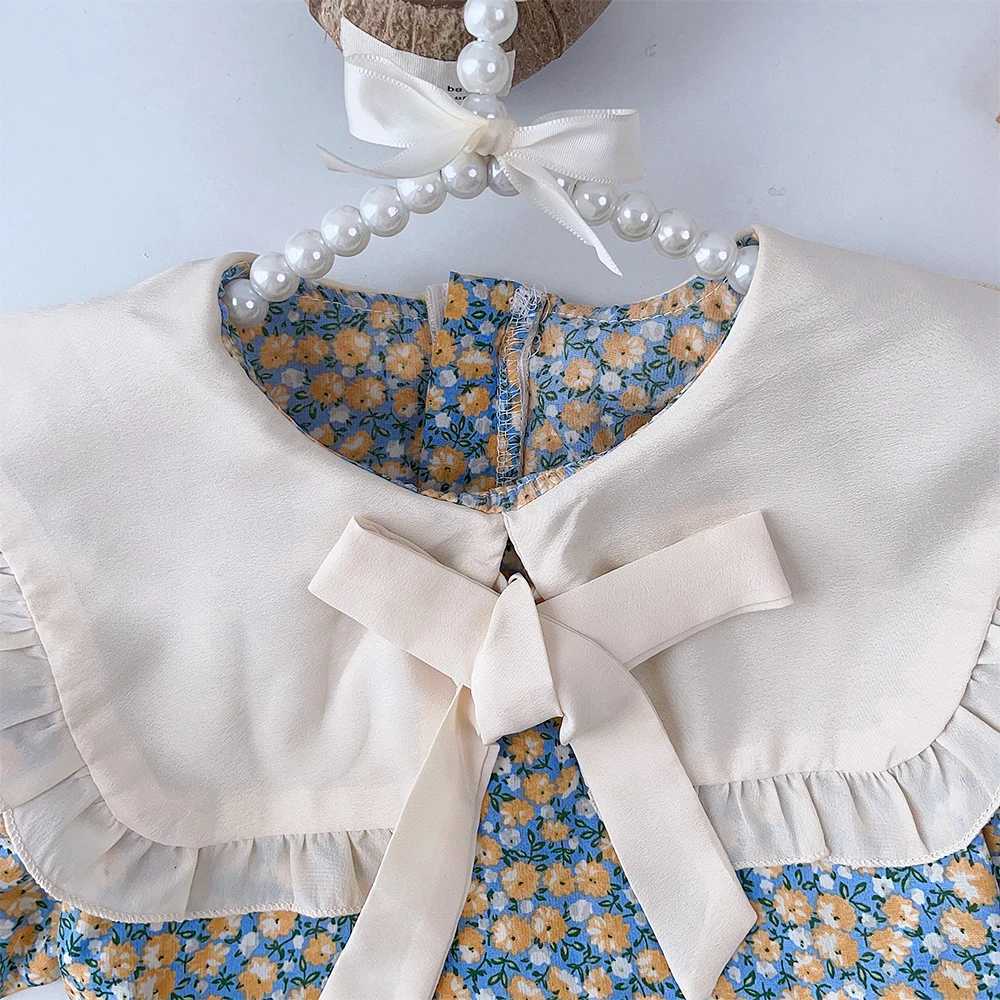 Summer New Girls Bow Turn-down Collar Puff Sleeve Flower Print Dress 1 Pc 2-7 Years Kids Fashion Casual ClothesT260330