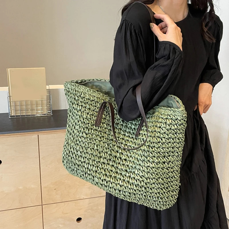 Straw Woven Tote Bags Casual Large Capacity Handbag Beach Shoulder Simple Womens Bag Shopping Summer bolsos260316