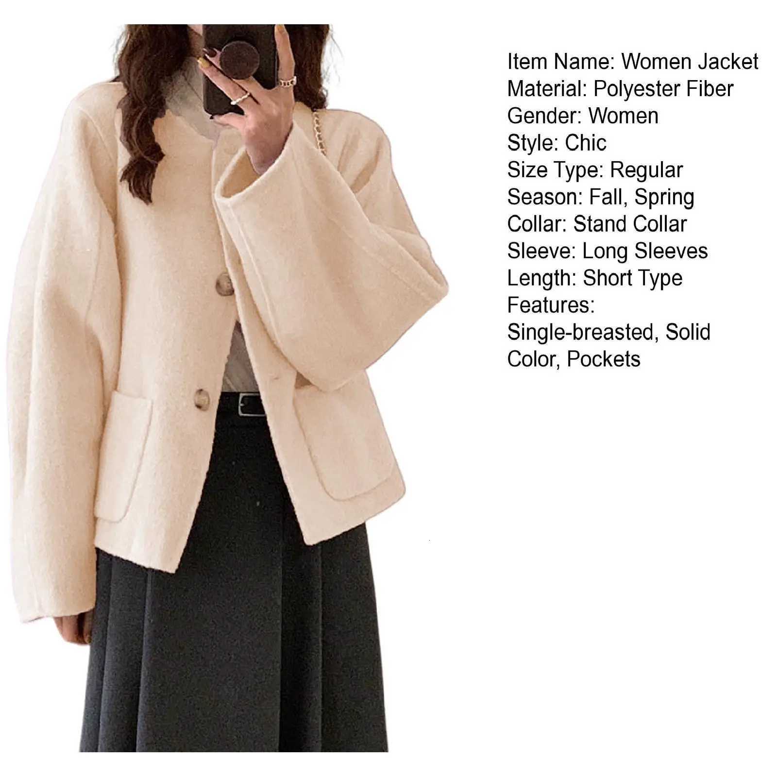 Round Neck Jacket Stylish Single-breasted Womens Coat for Fall Spring Long Sleeves Cardigan in Solid Color Loose Fit for DatingT260328