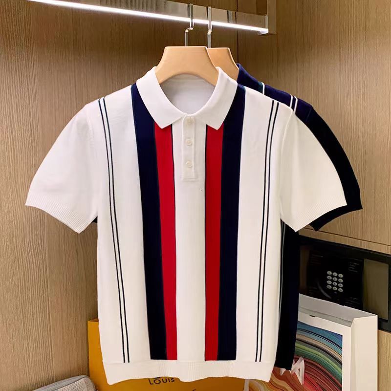 Summer New Style Slim-fit Men's Vertical Stripe T-shirt Retro Color-blocked Lapel Knitted Top Designer Short-sleeved Polo Shirt