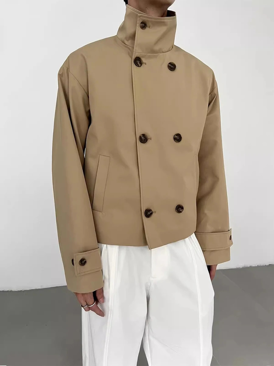 Mauroicardi Spring Autumn Khaki Short Trench Coats Man Stand Collar Double Breasted Elegant Chic Clothes 260327
