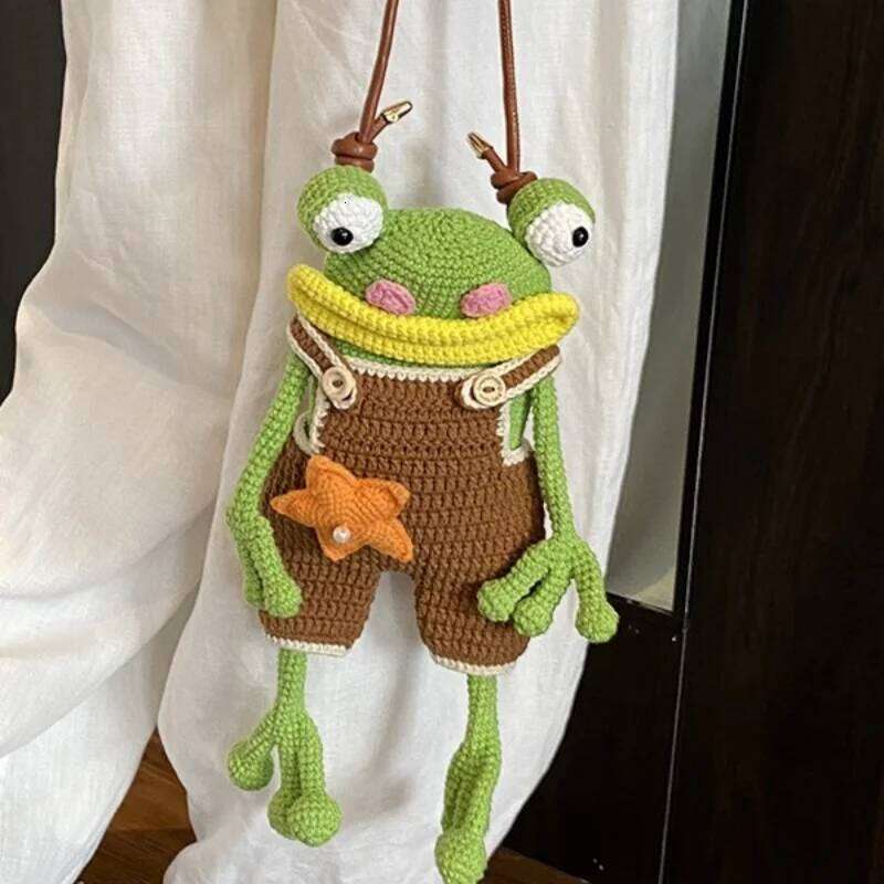 Finished Big Mouth Frog Mobile Phone Sausage Lips Wool Woven Bag Leather Shoulder Strap Ugly Cute Christmas Gift Clutch Bags