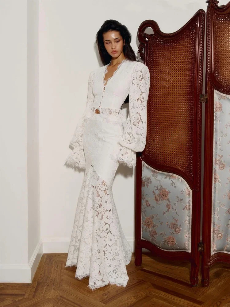 White Lace Patchwork Long Skirt Set Women Chic Full Flared Sleeves V-neck Slim Cropped Sets 2026 Lady Spring Evening Party Wear 260327
