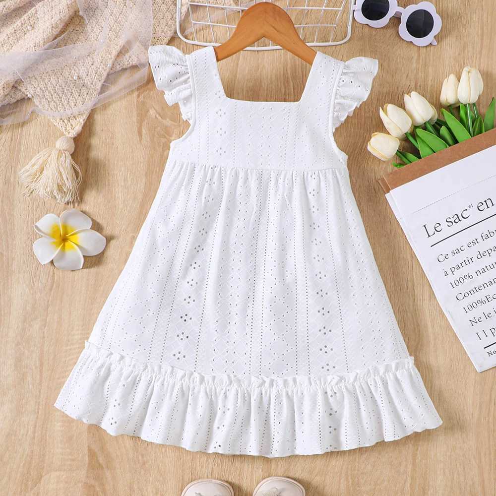 Girls summer style small fly sleeve hollow solid color dressT260330