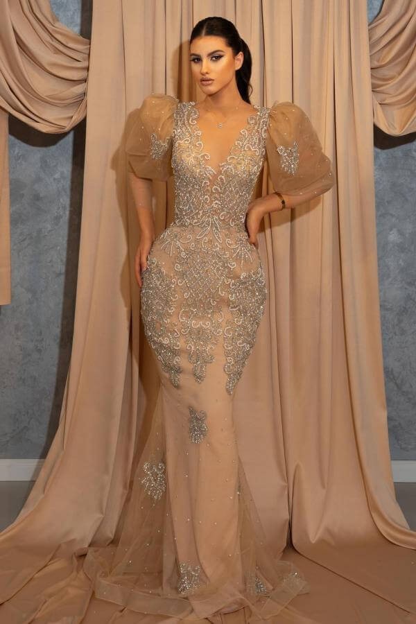Elegant Evening Dresses V Neck Half Sleeves Appliques Beads Lace-Up Back Prom Dress Sweep Train Vestido De Noite Customized