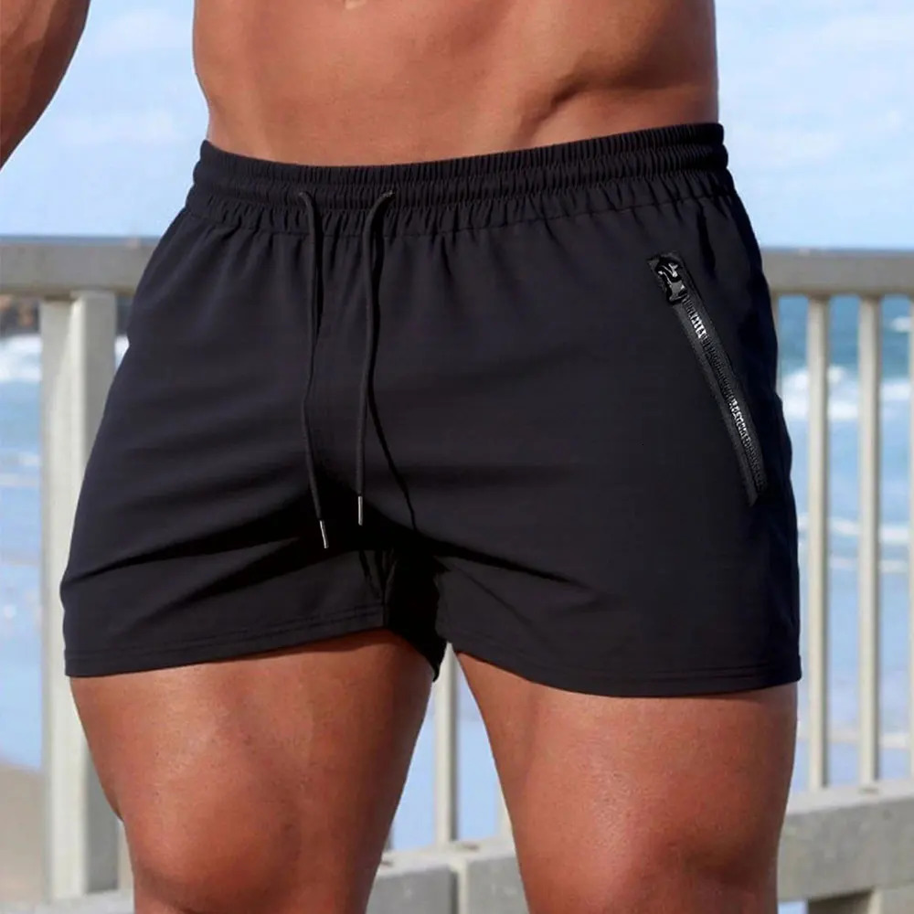 Mens Soild Color Swim Shorts Summer Casual Beach Board Shorts for Men Quick Dry Running Fitness Gym Shorts Zipper Pocket 260327