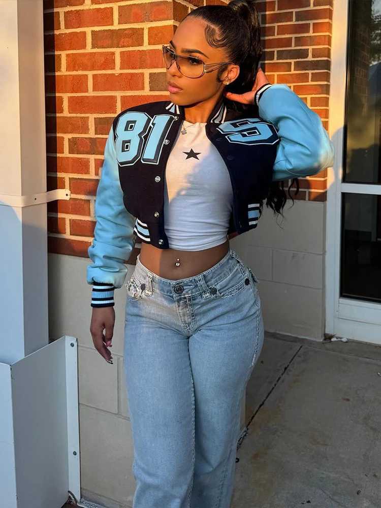 Sisterlinda Hipster Uniform Jacket Women Patchwork Faux Leather Sleeve Fall Trend Street Letter Print Streetwear Basic Crop CoatT260328