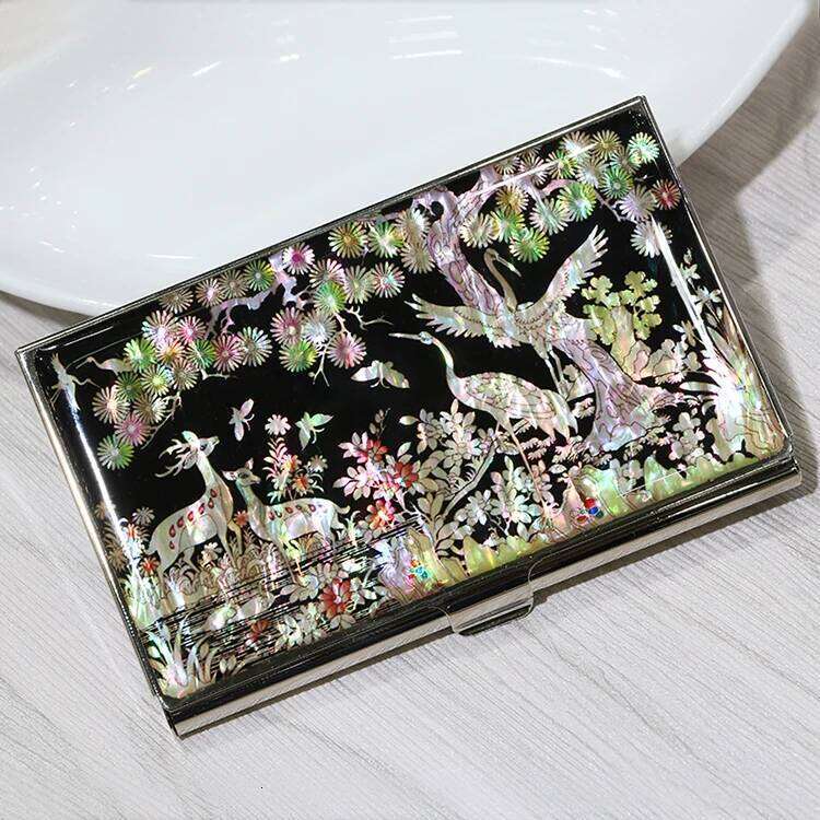 Chinese Embroidery Handmade Mother Of Pearl Lacquer Business Card Holder Crane Design Keychain Gift Clutch Bags