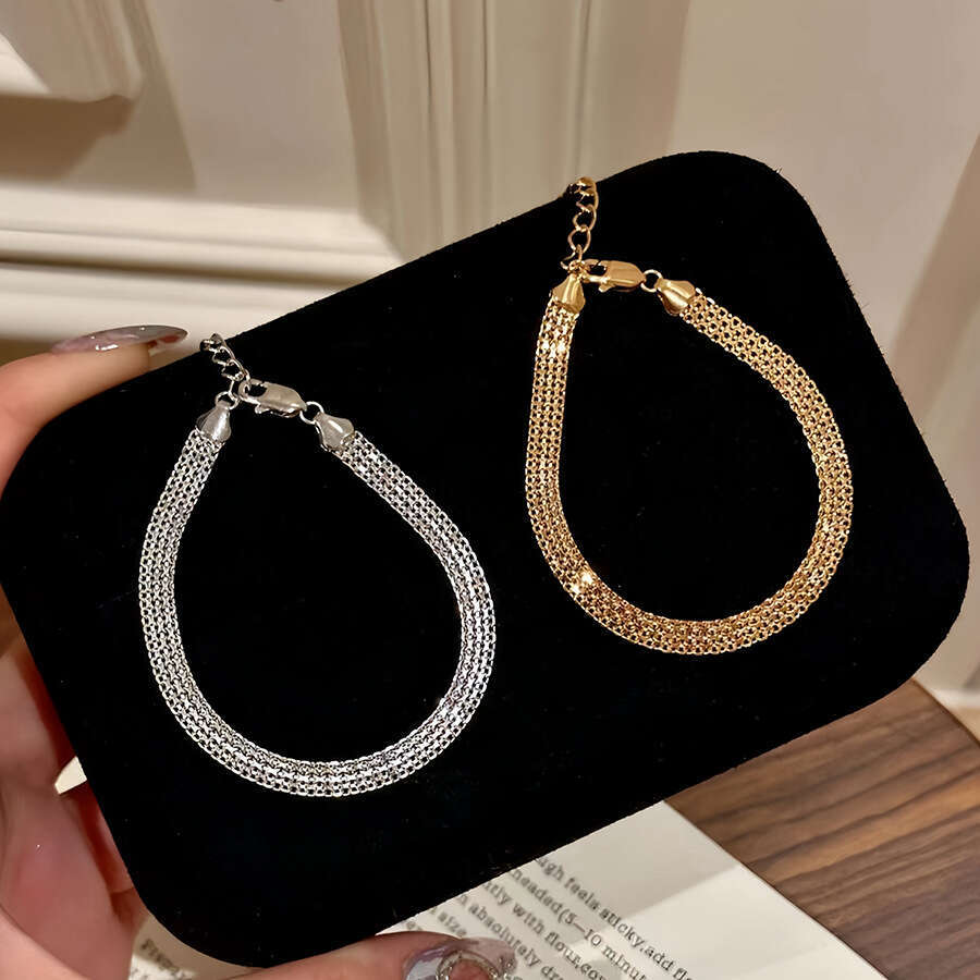 18K real Design gold plated flat grid bracelet, simple Dainty retro minimalist style, niche high-end jewelry