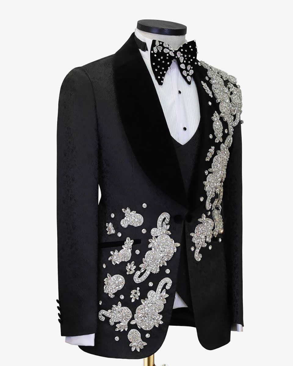 Designer Appliques Wedding Suits For Groom Shawl Lapel Single Breasted Tuxedos 3 Pcs Jacket Pants Vest Party Prom Customized