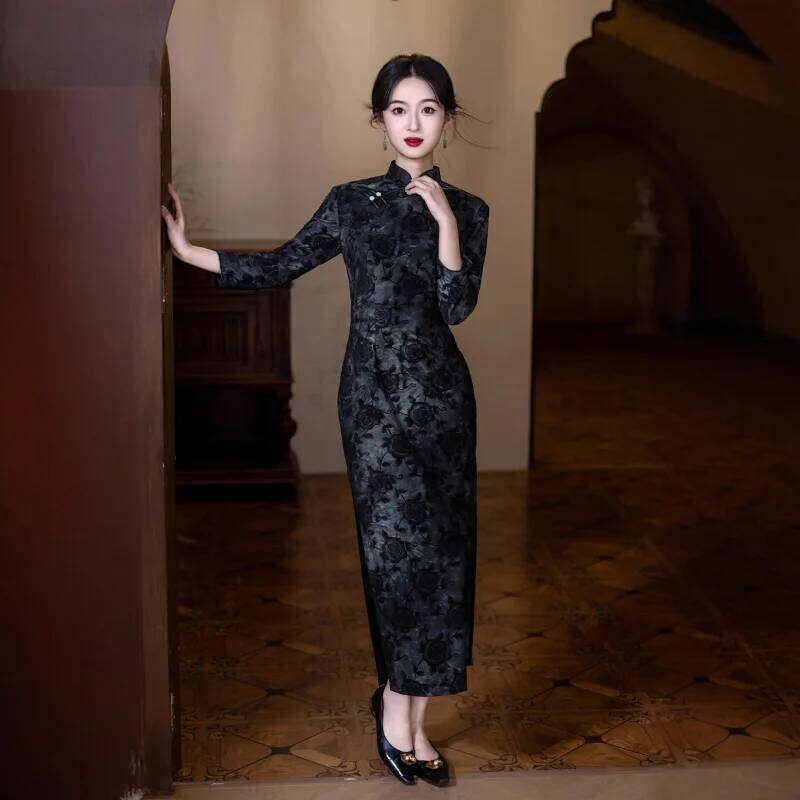 New Chinese Cheongsam Dress Autumn And Winter Good Quality Velvet Comfortable Evening Gown Modern Vintage Improve National Qipao MAKOUFEI