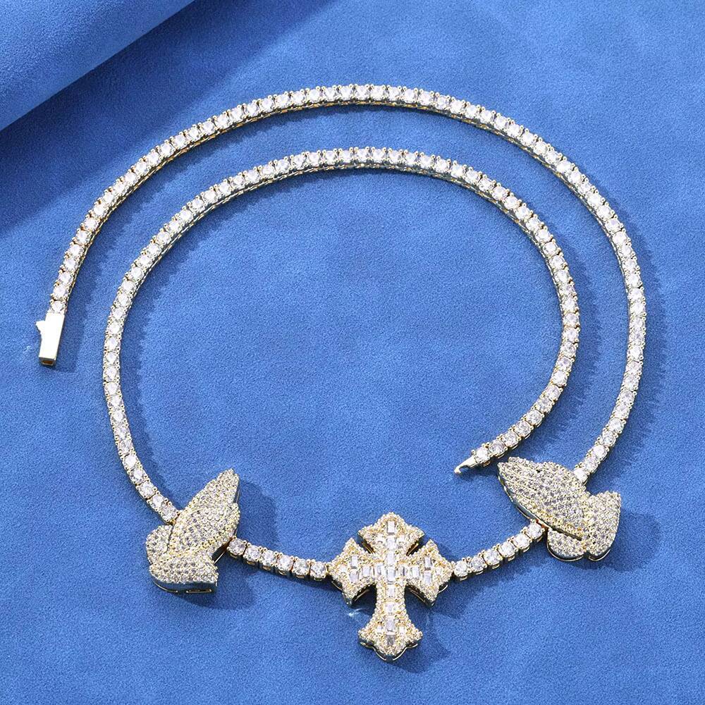 European American Vintage S925 Silver Moissanite Cross Praying Hands Tennis Chain Custom Hip Hop Mens Necklace