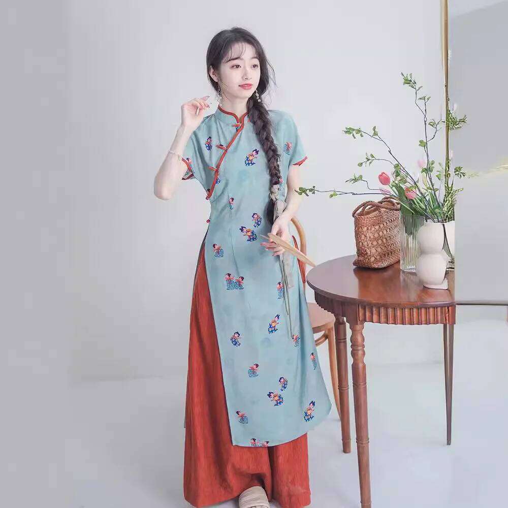 New Blue Cheongsam Set Women Improved Qipao Chinese Style Short Sleeve Vintage 2 Pieces Floral Long Dresses With Trousers MAKOUFEI