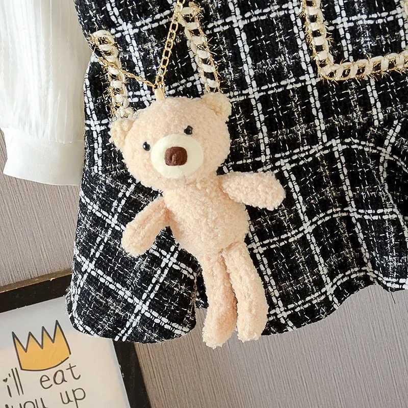 Girls Casual Dresses Plaid Dress Puffy Sleeve Shirt Bear Decoration Kids Dresses for Girls 2 To 6 Years Girls ClothesT260330