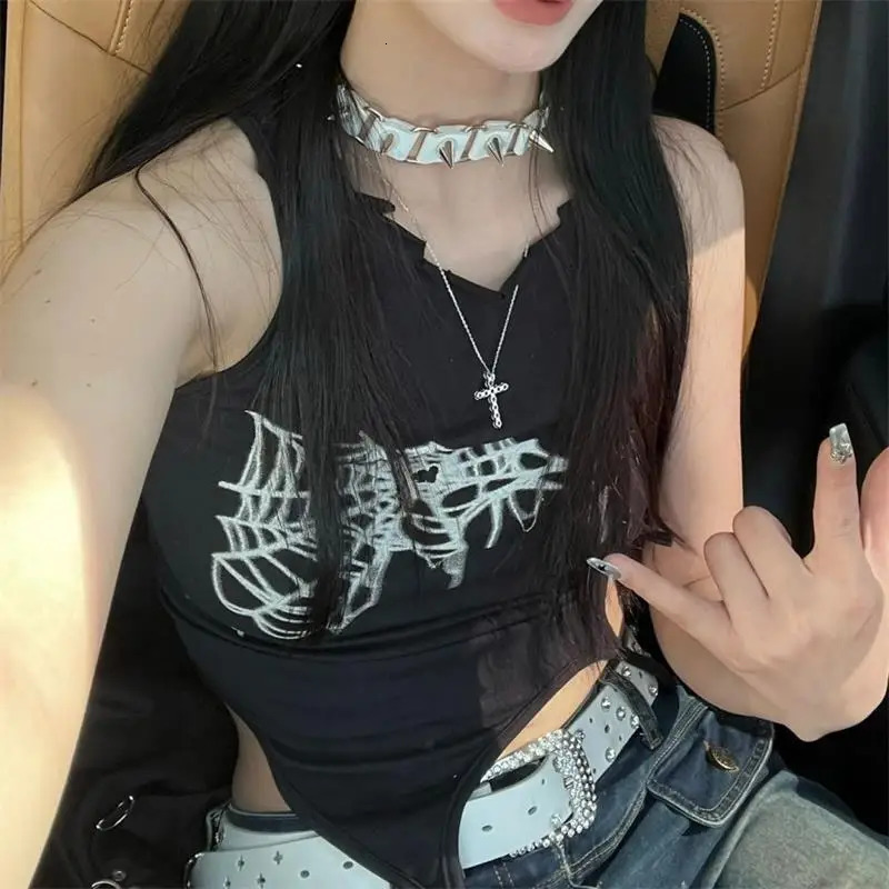 Summer Spider Web Print Tank Tops Aesthetic Hollow Out Bandage Punk Vest Irregular Women Causal Basic Y2k Streetwear Crop Top 260327