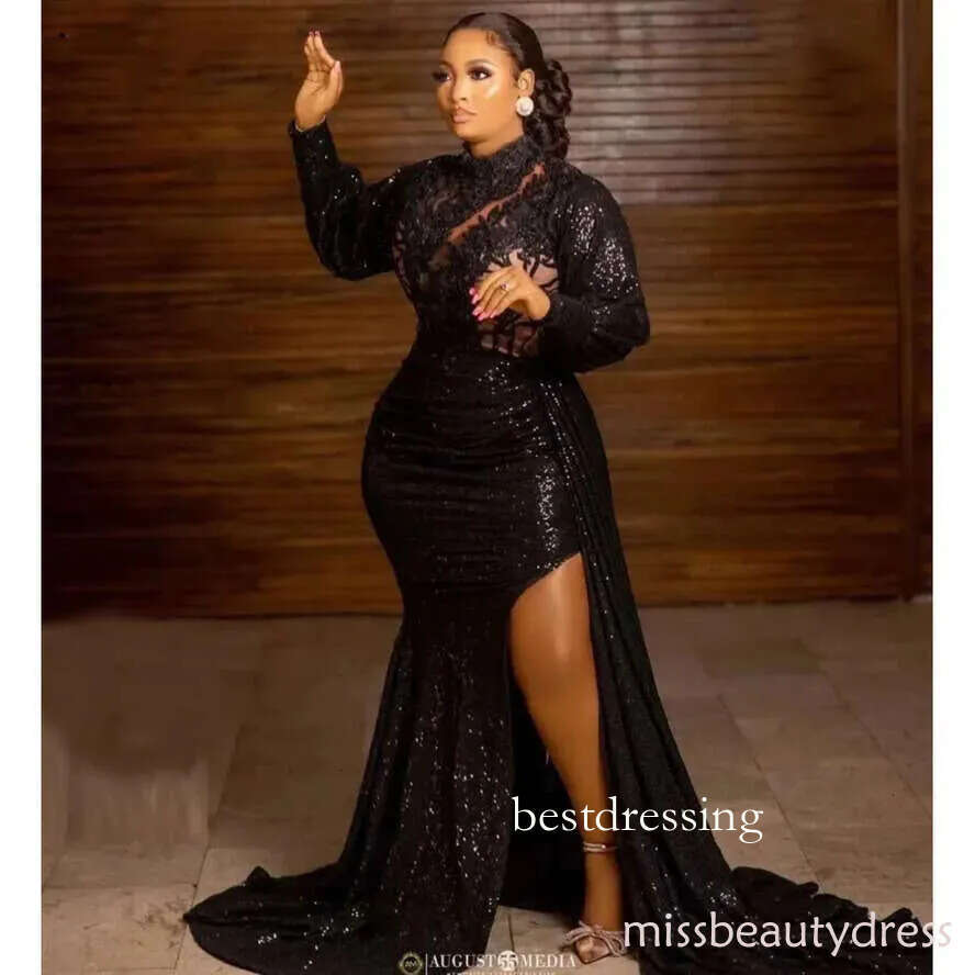 Elegant Black Sequins Prom Dresses For African Women High Neck Long Sleeve Applique Plus Size Formal Birthday Party Evening Gowns Abendkleider Mal D03