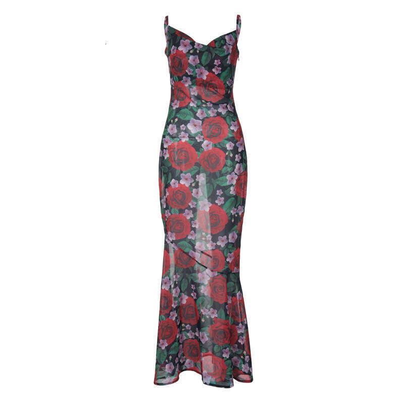 2026 Summer Designer Fashion New Style Sexy V-neck Elegant Multi functional Slimming Long A11 Printed Strap Dress