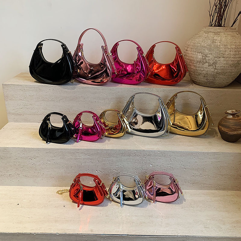 Free Shipping High Value Metallic Hobo Bag for Women Shiny Crescent Mini Handbag with Chain Strap
