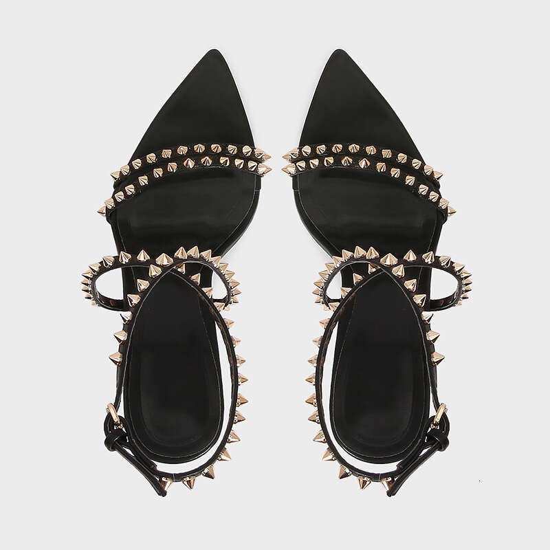 2026 Summer New Black Rivet French Style Elegant Design Shoe High Heel Pointed Toe Sexy One-Strap Sandals