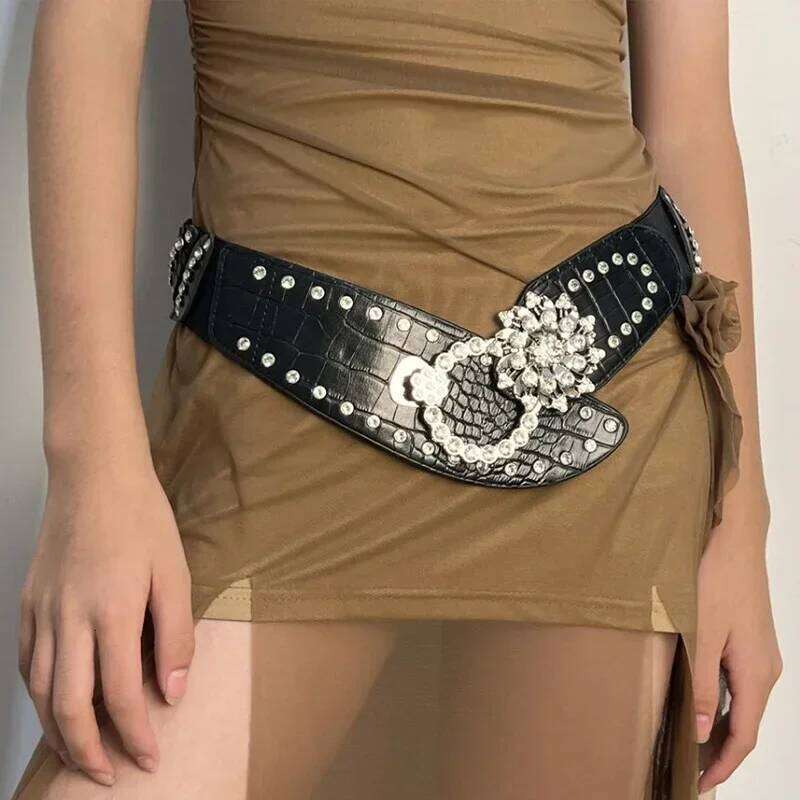 Rhinestone Splicing Wide Waistband Women Sexy Belts Bling Vintage Flower Punk Metal Buckle Y2k PU Leather Belt Skirt Accessories Chunjinqiuli
