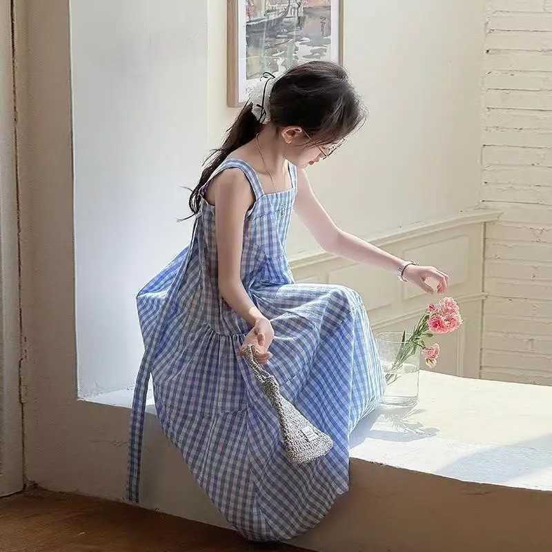UNITIM Summer Kids Girls Sleeveless Dress Cotton Blue Plaid Children Girls Sundress 4-14Yrs Girl Dress Young Teens Girls DressesT260330