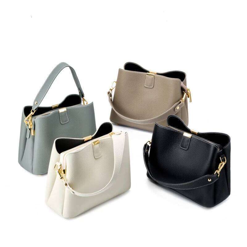 Hifashion Cow Genuine Leather Bucket Shoulder Crossbody Bags For Women Designer Wide Strap Tote Ladies Handbags