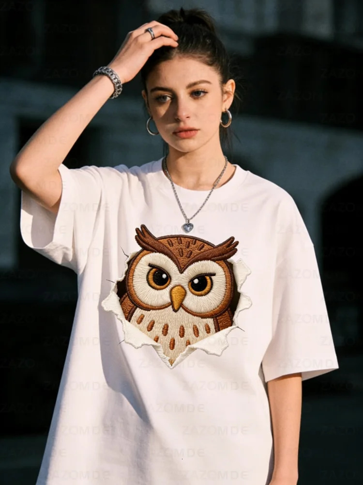 ZAZOMDE Oversized Short Sleeve Cotton Tshirt Owl Graphic Print Men Women High Street Streetwear Loose Fit Casual Daily Wear 260312