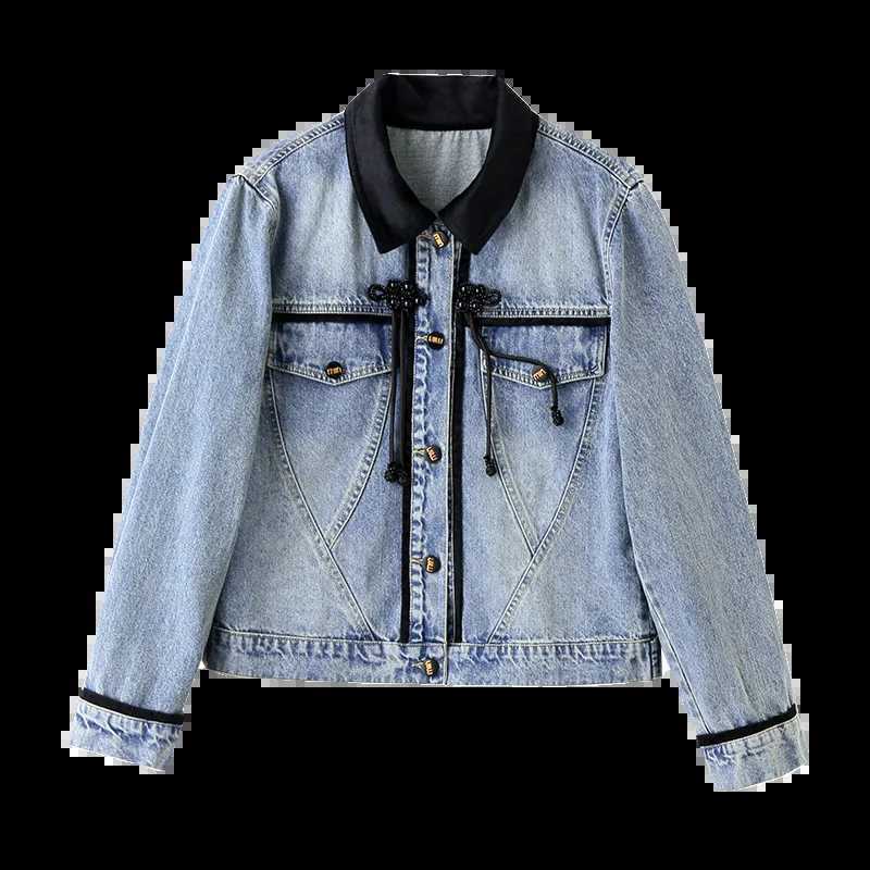 New 2025 Spring Denim Coat And Jacket Women Patchwork Color Chinese Style Tie Long Sleeve Blue Jeans Jackets OutwearT260328