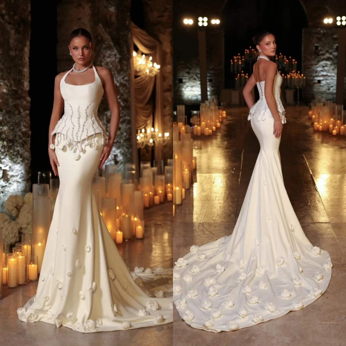 Elegant Pearls Mermaid Evening Dresses Halter 3D Flowers Prom Dress Sleeveless Princess Sweep Train Customized Party Gown Vestidos De Noche Plus Size