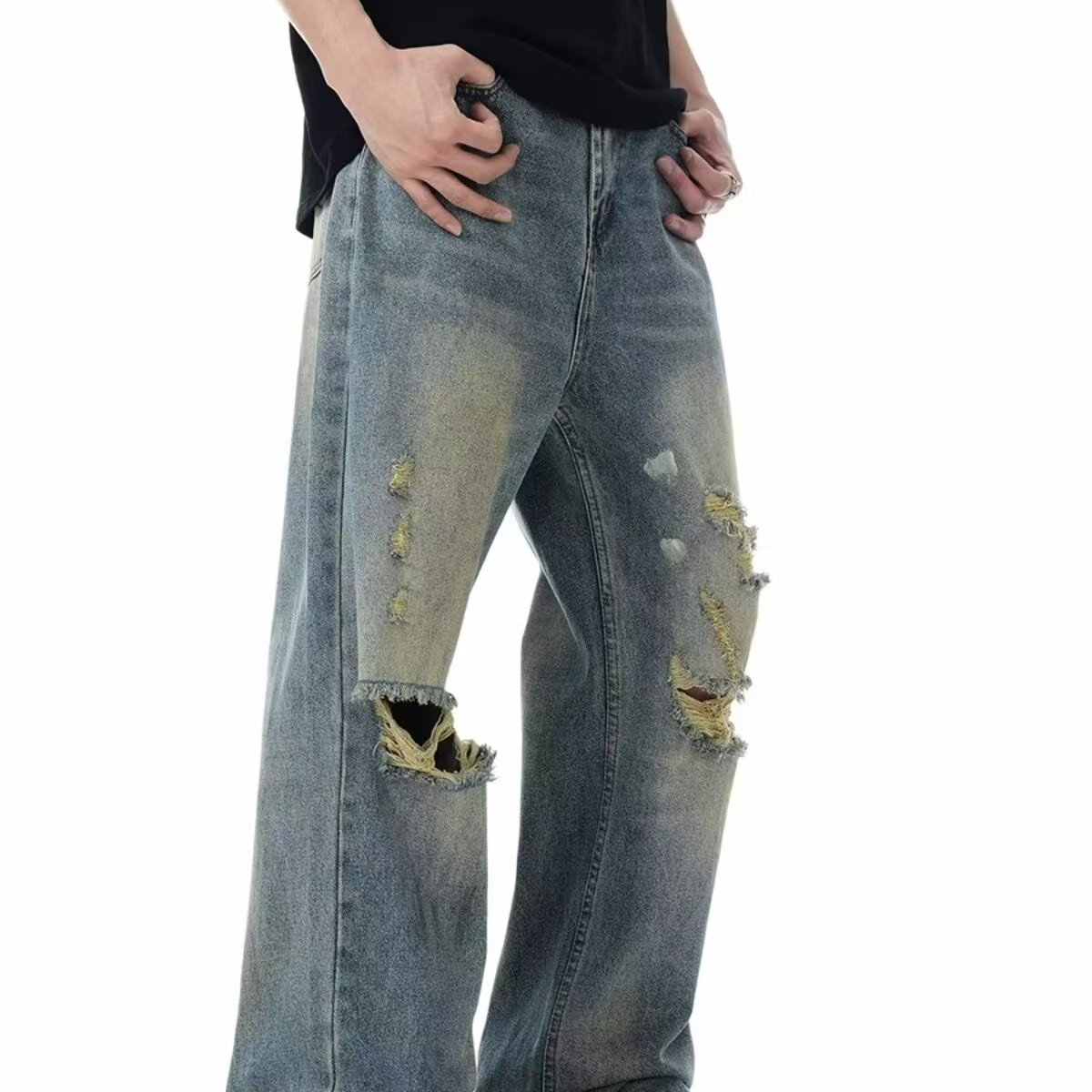 Men's Contemporary Streetwear Jeans Featuring Bold Lettering Modern & Durable Fit-K7035