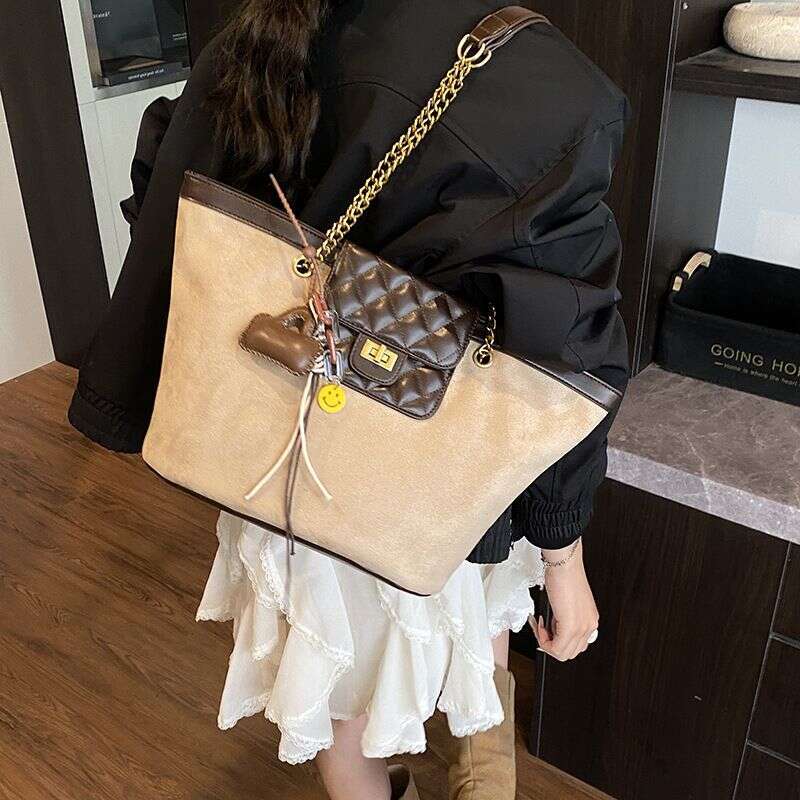 Chic Suede Tote With Chain Strap Large Crossbody Shoulder Bag For Work Weekend Black Brown Tan Khaki Liksusie