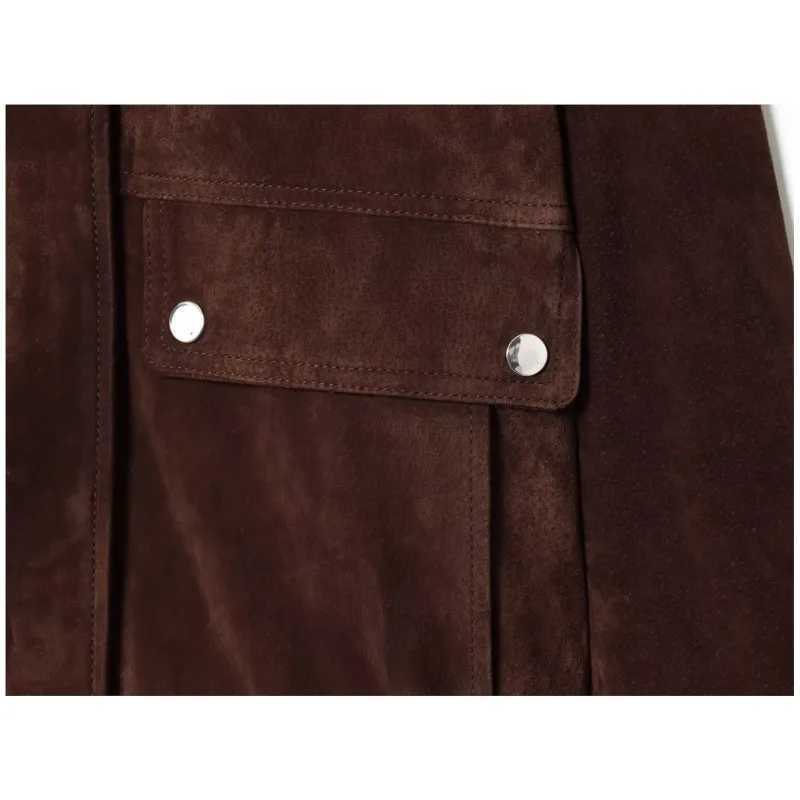 Women Suede Leather Jacket with Pockets Autumn Fashion High Collar Long Sleeve Button Jacket Lady Coats Causal Female Chic TopsT260328