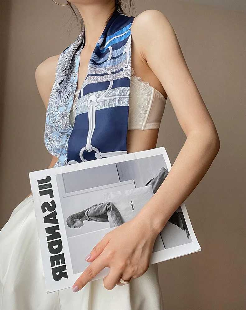 Fashion Blue Print Silk Scarf Wen Soft Satin Horse Hairband Bl Neckerchief Off Hijab band Foard Bag Ribbons Gift X260328