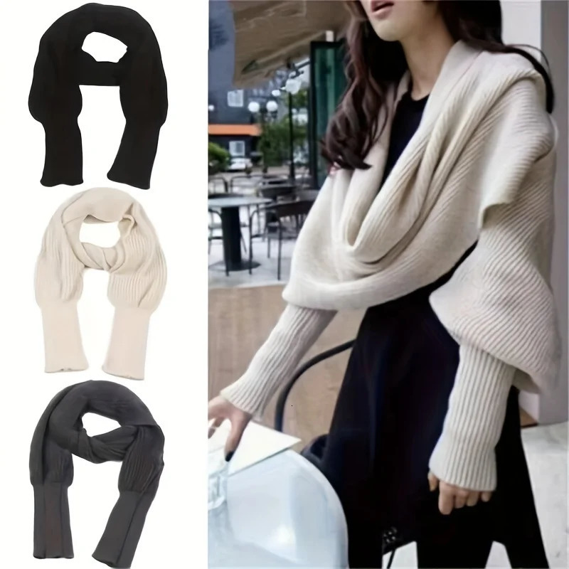 Solid Color Knit Shawl With Long Sleeves Elegant Soft Warm Short Top Autumn Winter Coldproof Elastic Wrap Scarf 260325