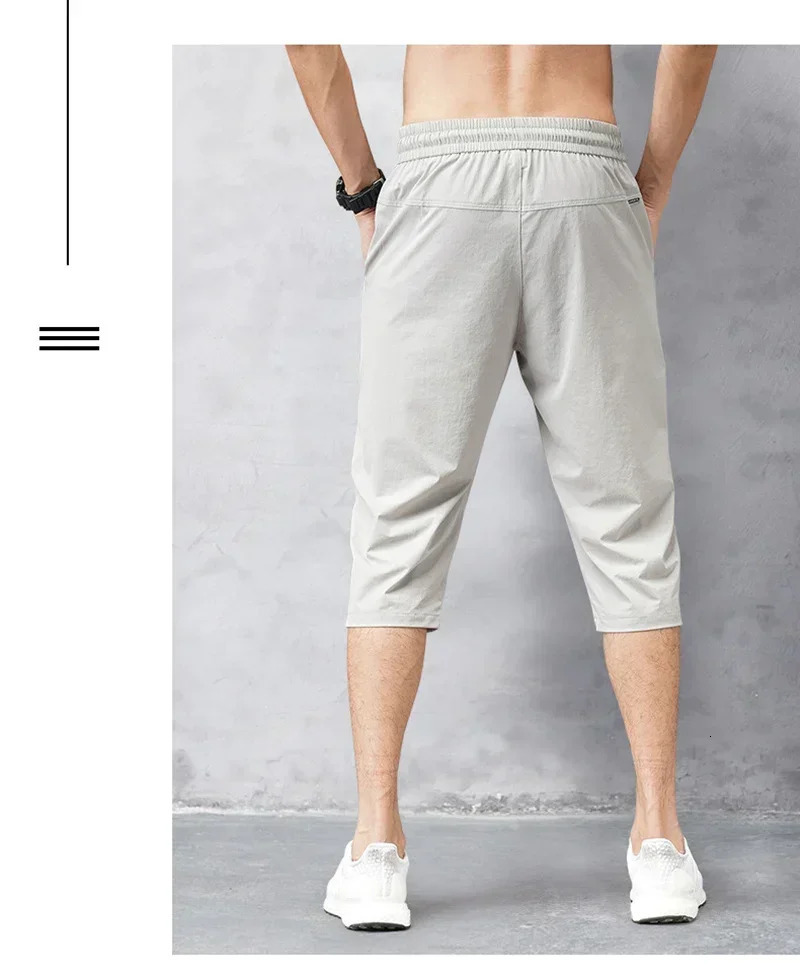 34 Length Mens Shorts Quick Drying Ice Silk Summer Breeches Male Long Calf Bermuda Board Beach Elastic Big Size Nylon Stretch 260330