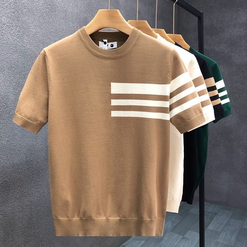 Mens Designer T Shirt Tops Ice Silk Knitted Short Sleeves T Shirt Striped Slim Fit Men Clothings Street Clothes High quality Fashion Tees Business Cas