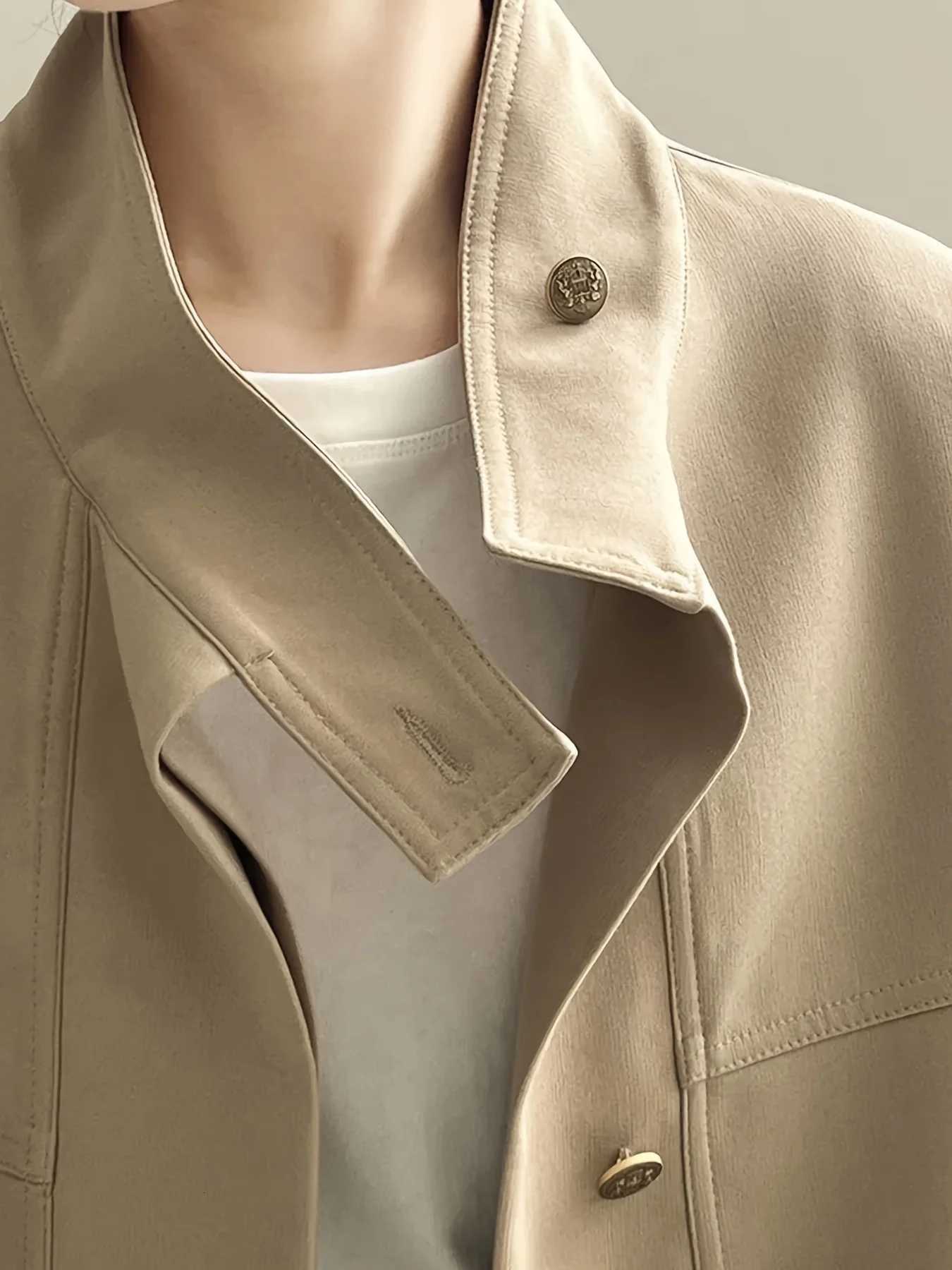 Womens Khaki Oversized Bomber Jacket Stand Collar Casual Short OuterwearT260328