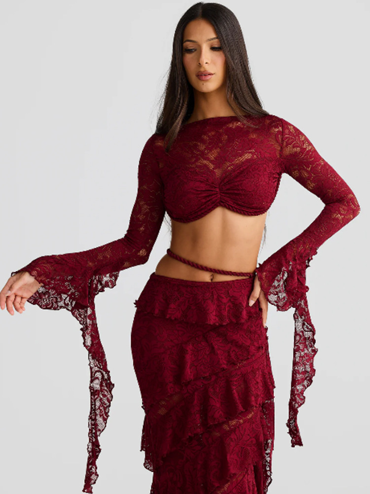 Sexy Lace Hollow Out Skirt Set Women Square Collar Ribbon Crop Top A-line Mini Split Skirt Female Sets Summer Lady Suit 250614