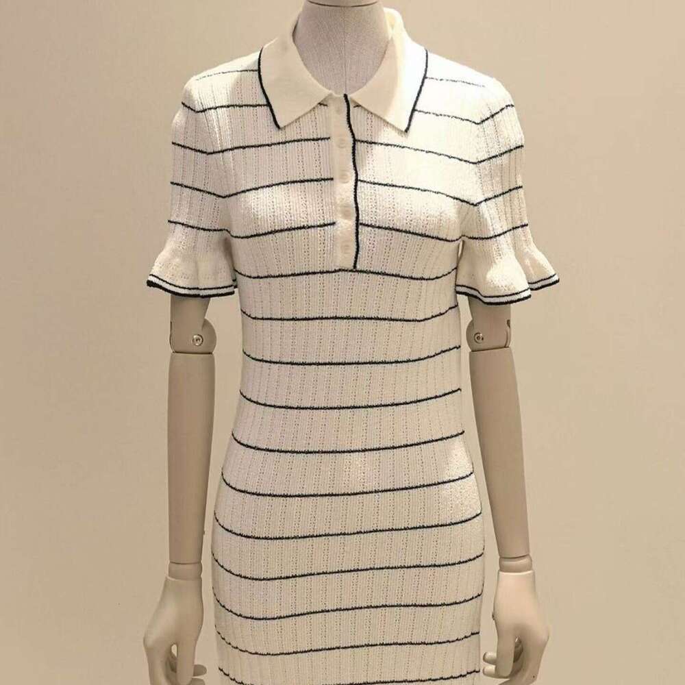 2026 Spring/Summer New Designer c1 Women's Low Neck Short Sleeve Striped Elegant Slimming Knitted Dress