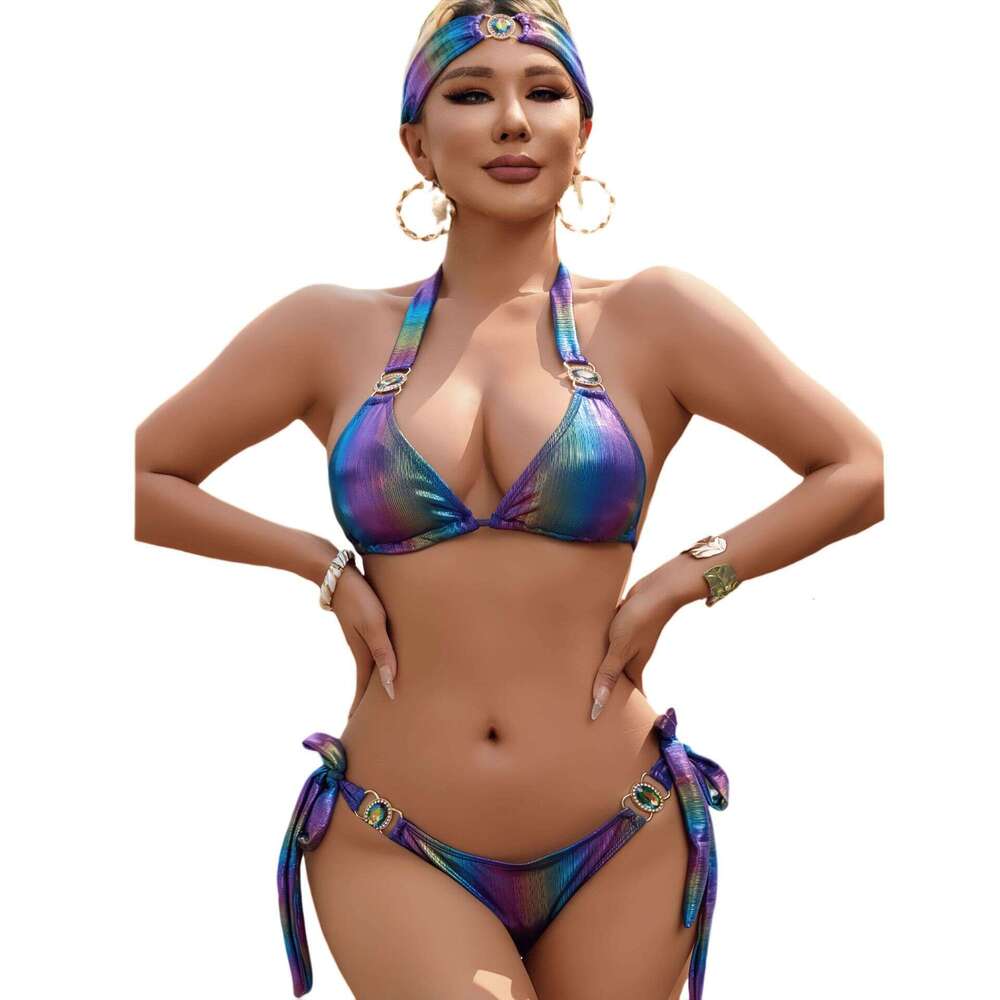 Women's Designer Swimsuit Suit Halter Neck Swimsuit Three Piece Suit with Rhinestones Swimsuit+Swimming Trunks+Hairband Sexy Suit Seaside Beach B