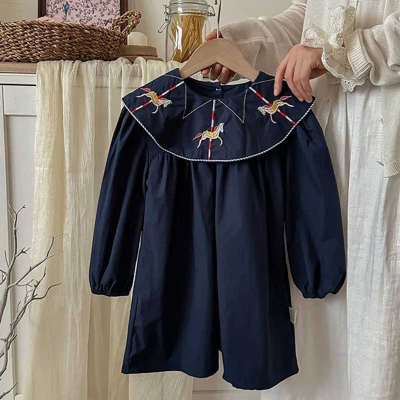 Girls Casual Dresses Carousel Embroidered Lapel Long-sleeved Dress for Girls Wedding Dress Kids Clothes for GirlsT260330