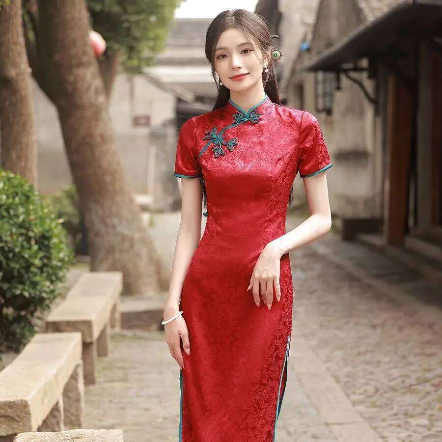 Large Buckle Jacquard Cheongsam Improved Cheongsam Dress Women Qipao Dress Chinese Tradition Hanfu MAKOUFEI