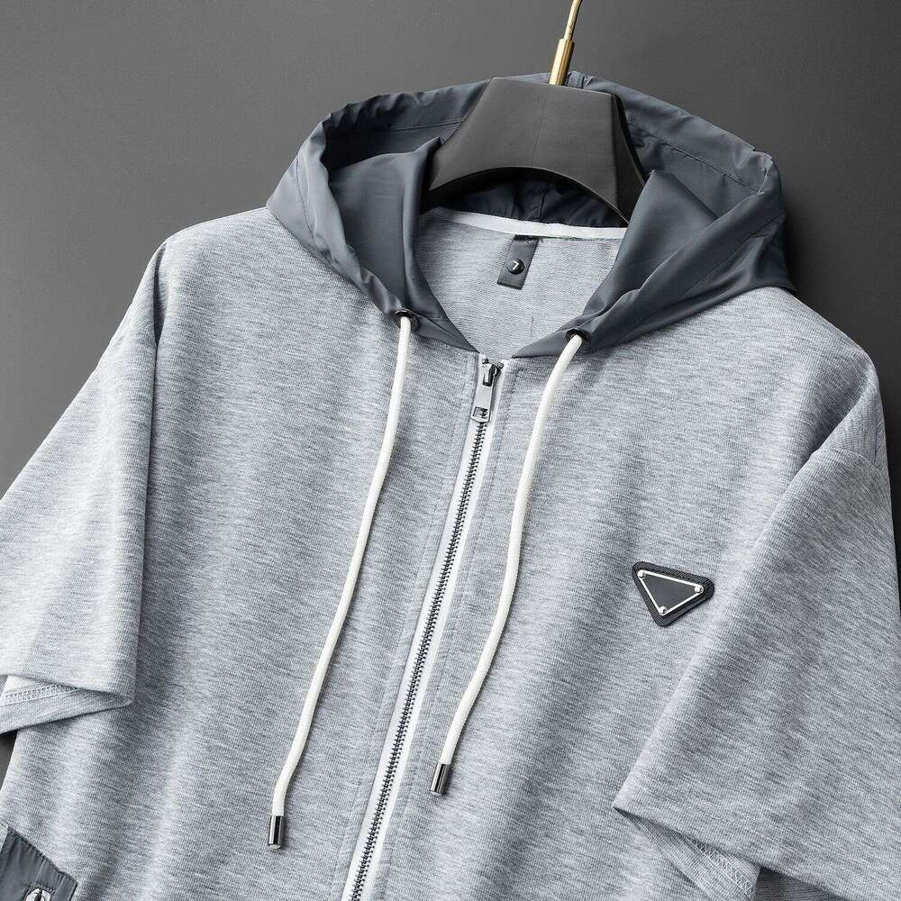 European fashion hooded zip-up short-sleeve T-shirt luxury new style loose trendy brand triangle logo versatile half-sleeve top