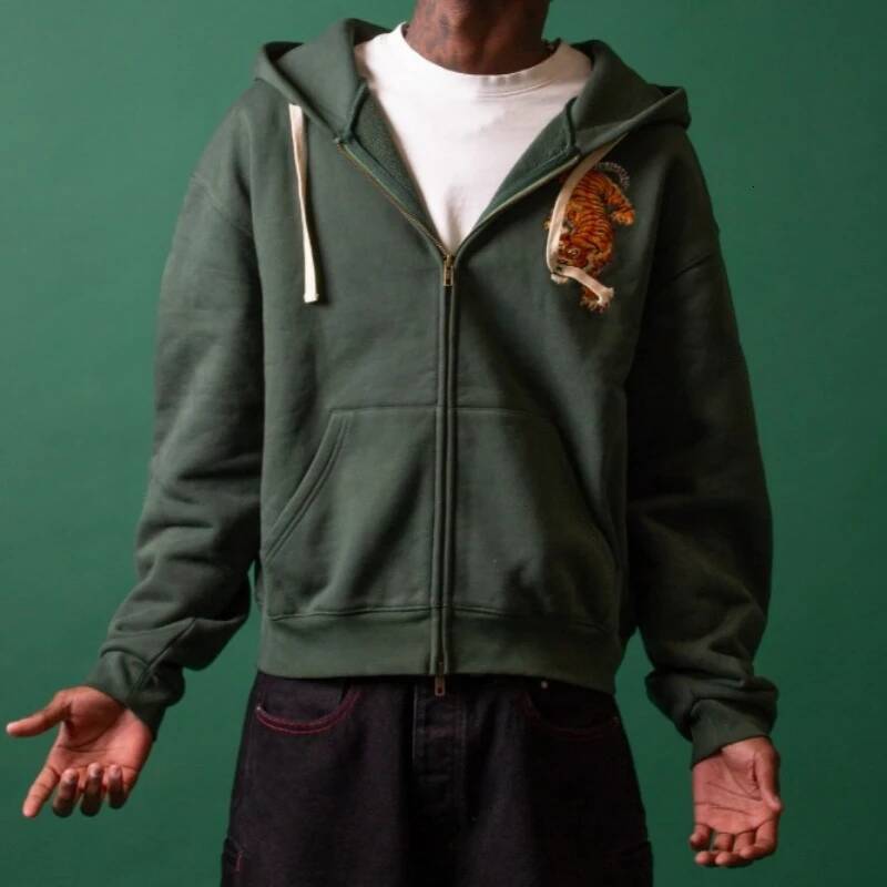 Y2K Retro Hoodie Tiger Jaw Embroidery Double Zippers Sweatshirt Men Harajuku Trendy Casual Streetwear Unisex Oversized Clothing