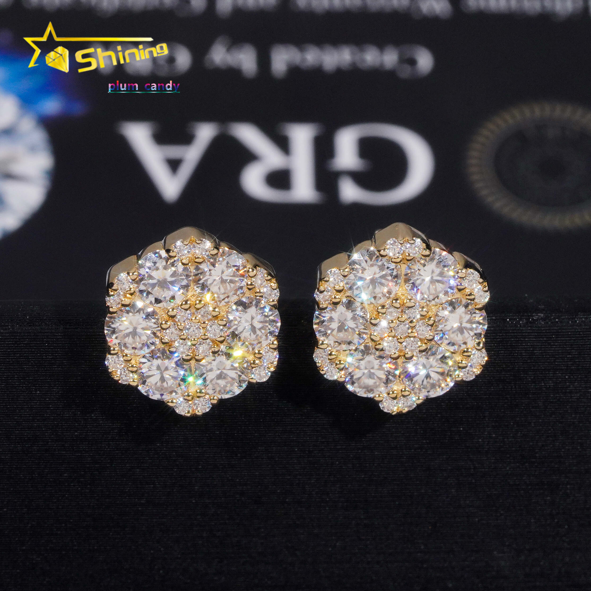 Fine Jewelry Flower Design Screw Back Ear Studs Iced Out 925 Sterling Silver Gold Plated Moissanite Stud Earrings Ready to Ship