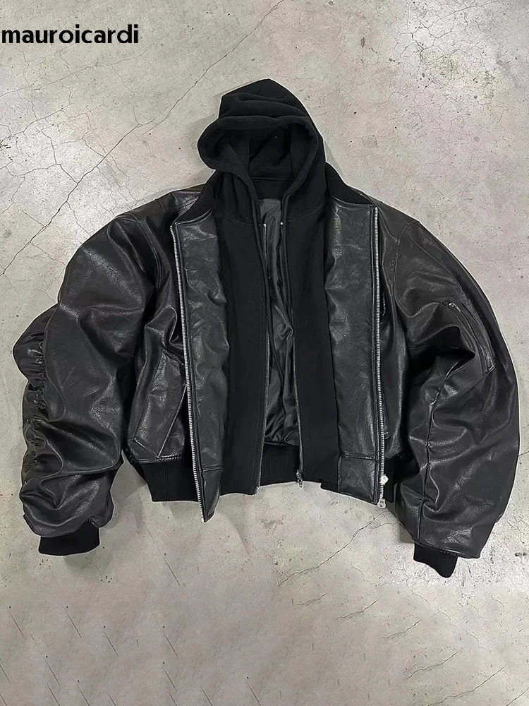 Mauroicardi Autumn Winter Oversized Cool Black Thickened Warm Pu Leather Bomber Jacket Men Hood 2 Clothes 260327