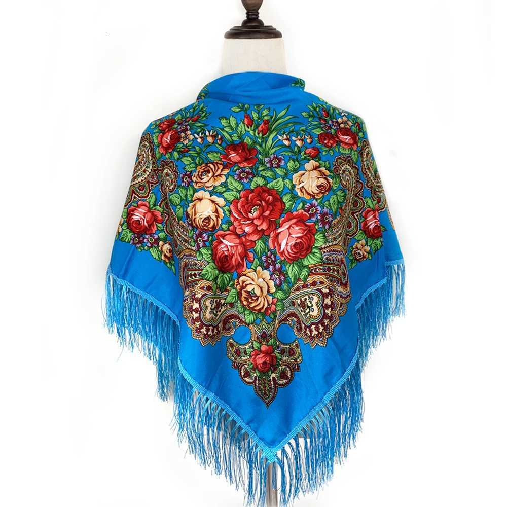 115115cm Luxury Floral Print Russian Square Scarf Wen Traditional Ukrainian Fringed Shawl Bandana Babushka Wraps X260328