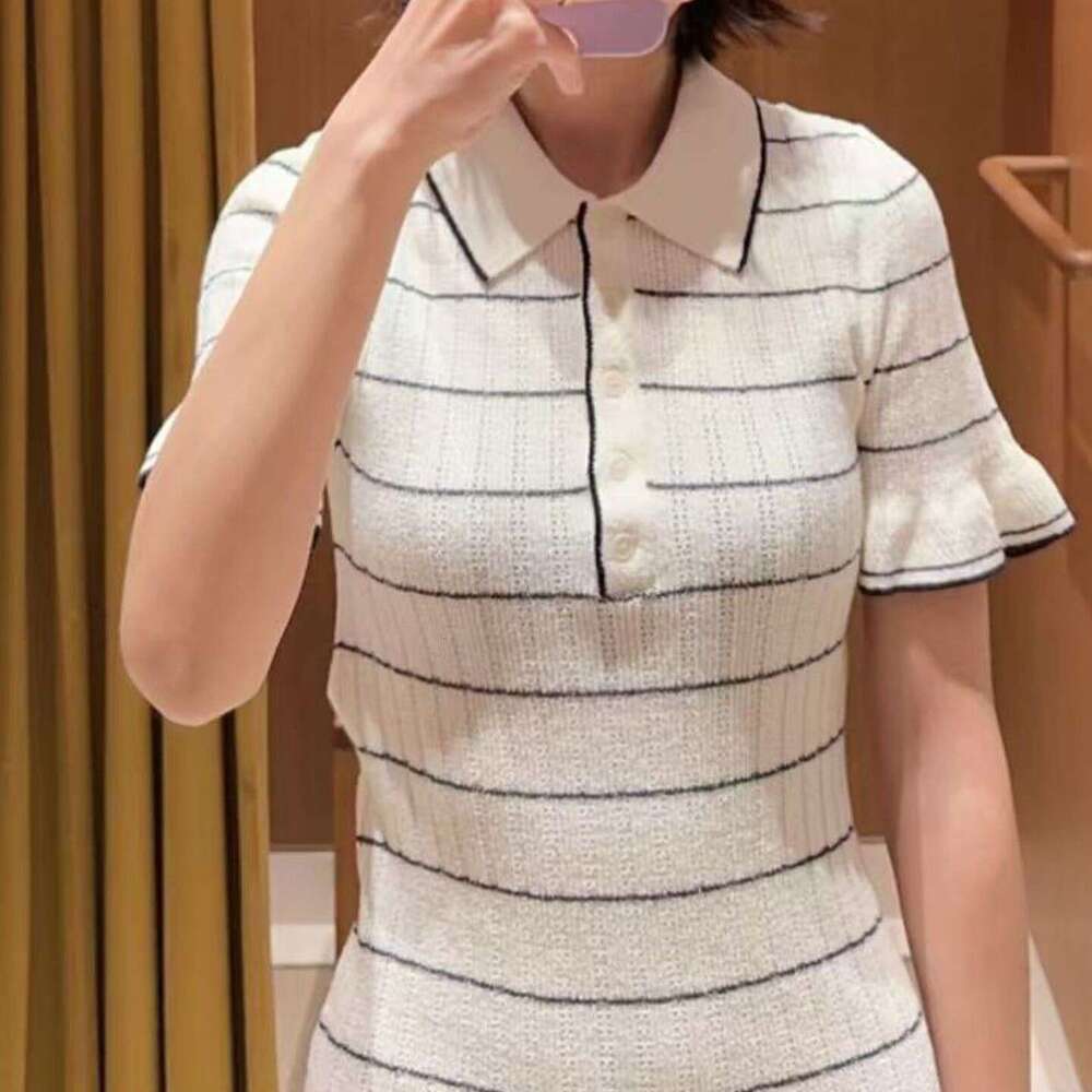 2026 Spring/Summer New Designer Women's Low A1 Neck Short Sleeve Striped Elegant Slimming Knitted Dress